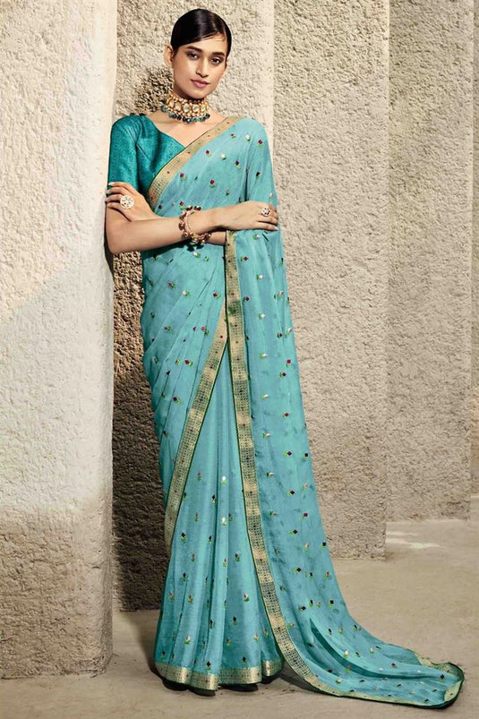 Blue Color Admirable Floral Embroidered Chiffon Saree