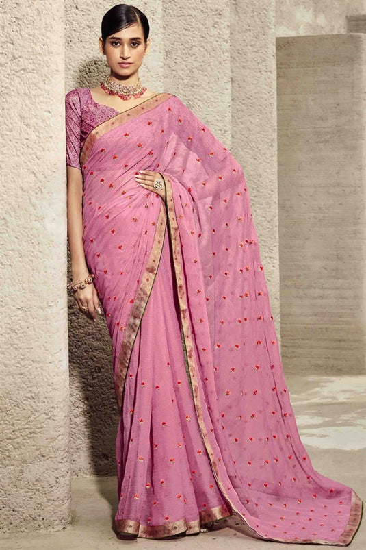 Pink Color Divine Floral Embroidered Chiffon Saree