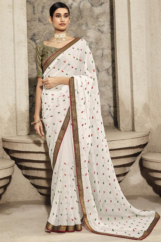Radiant White Color Floral Embroidered Chiffon Saree