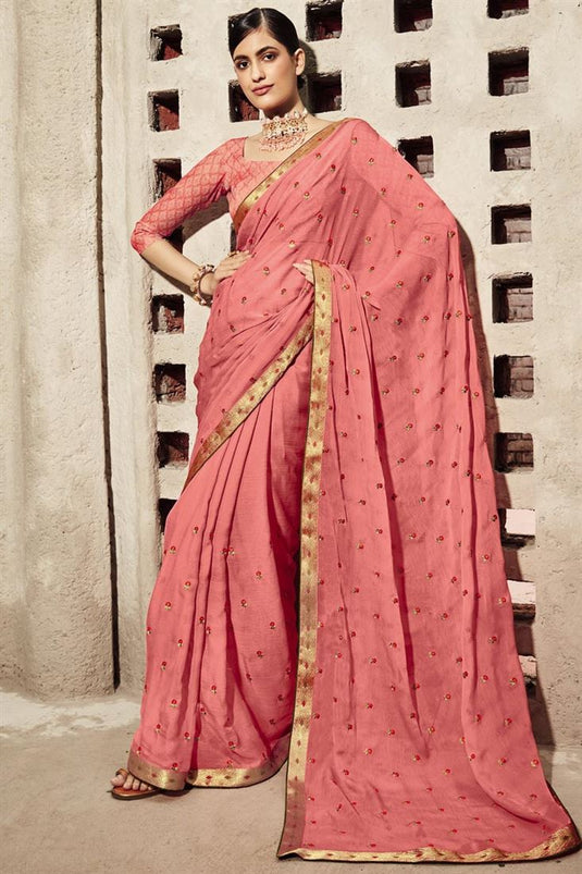 Pink Fetching Floral Embroidered Chiffon Saree