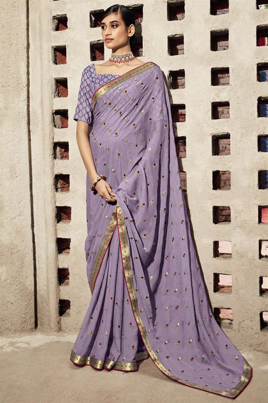 Purple Color Engaging Floral Embroidered Chiffon Saree