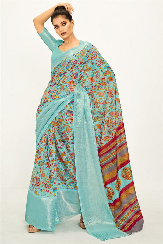 Fancy Fabric Tempting Printed Saree In Sea Green Color