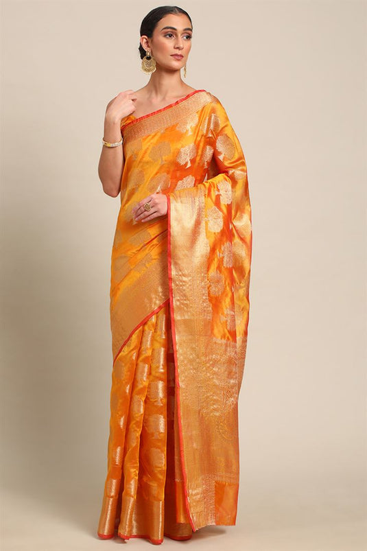Captivating Weaving Work Organza Saree In Orange Color