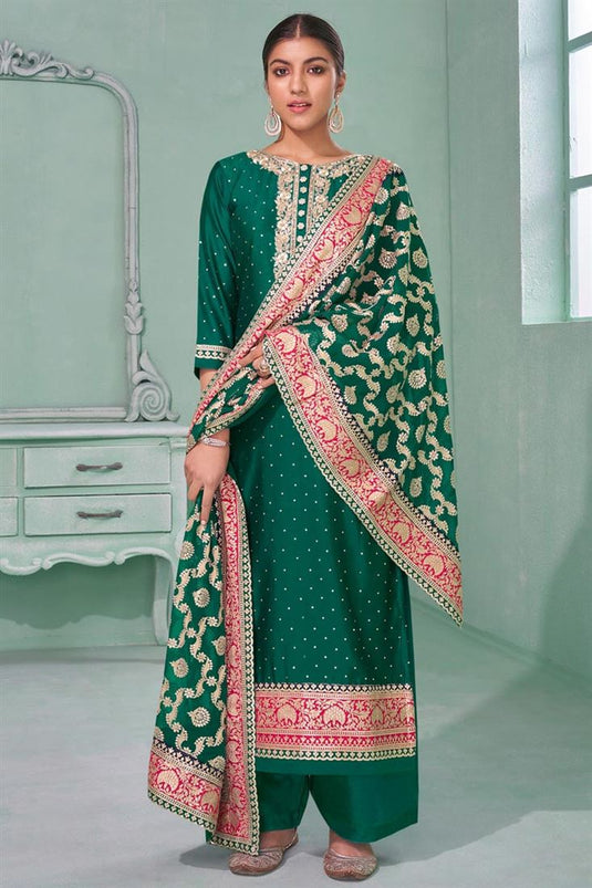 Georgette Fabric Embroidered Beatific Palazzo Suit In Dark Green Color