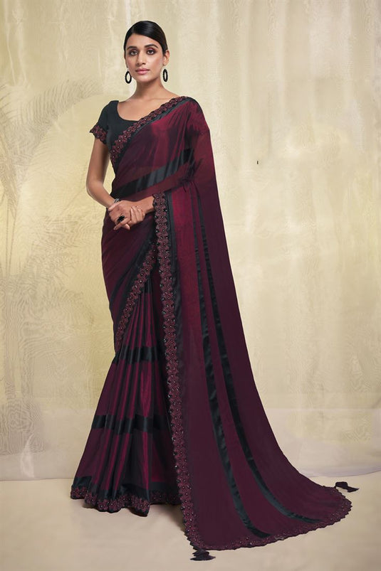 Maroon Color Georgette Fabric Saree With Radiant Border Work