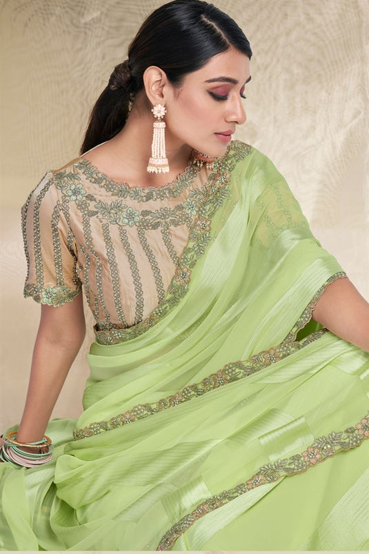 Charming Border Work Green Color Georgette Fabric Saree