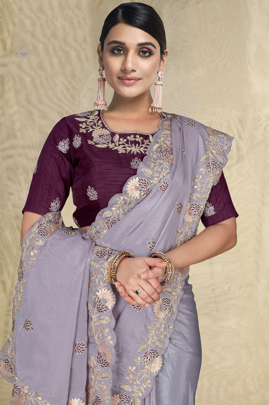 Lavender Color Engaging Embroidered Work Crepe Fabric Saree