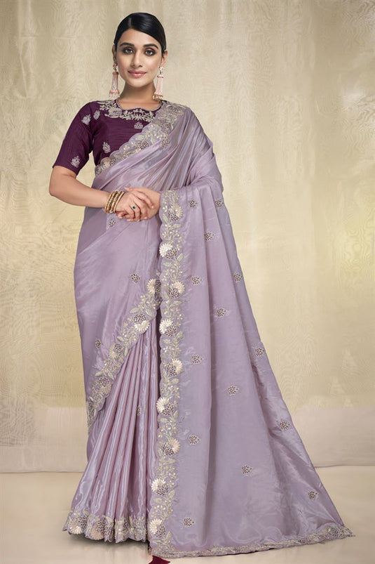 Lavender Color Engaging Embroidered Work Crepe Fabric Saree