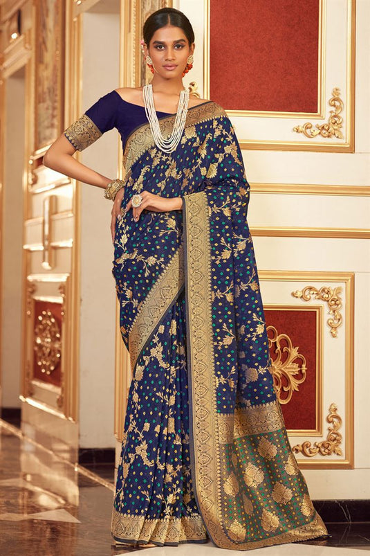 Awesome Chiffon Fabric Bandhej Style Saree In Navy Blue Color