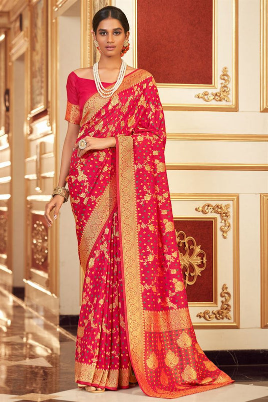 Appealing Chiffon Fabric Bandhej Style Saree In Pink Color