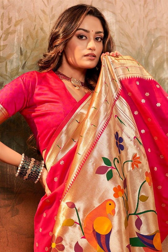 Pink Color Weaving Designs Sensational Paithani Silk Saree