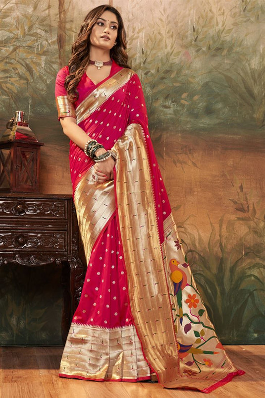 Pink Color Weaving Designs Sensational Paithani Silk Saree