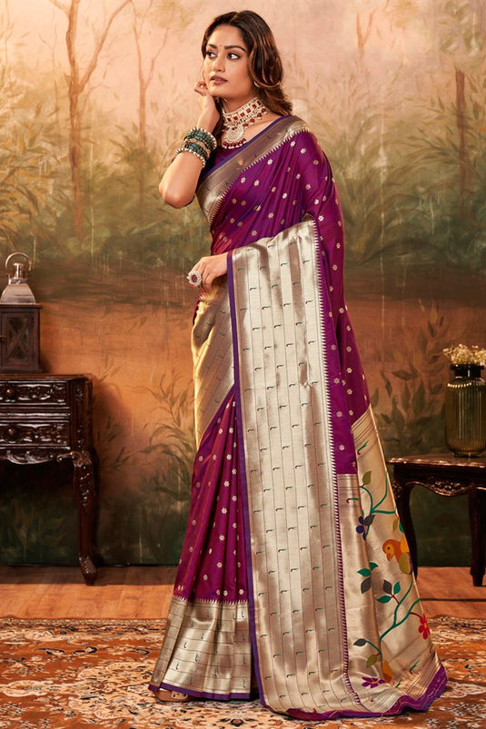 Exquisite Weaving Designs Paithani Silk Saree In Purple Color