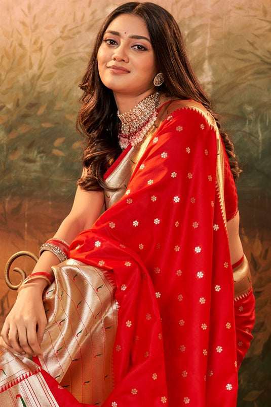 Red Color Luminous Weaving Designs Paithani Silk Saree