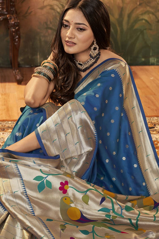 Blue Color Weaving Designs Graceful Paithani Silk Saree