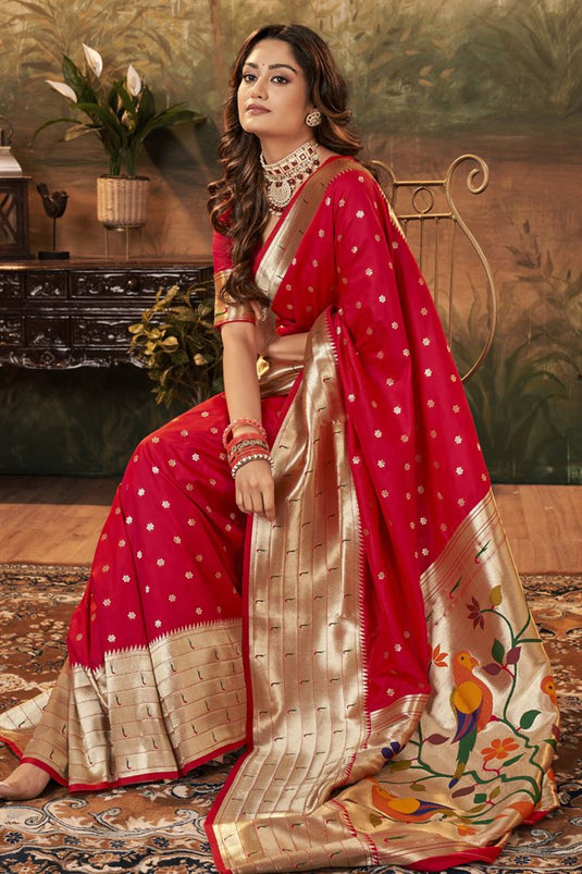 Red Color Weaving Designs On Aristocratic Paithani Silk Saree
