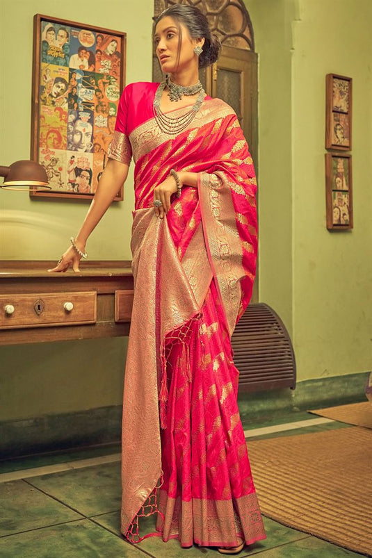Pink Color Banarasi Silk Saree with Weaving Work