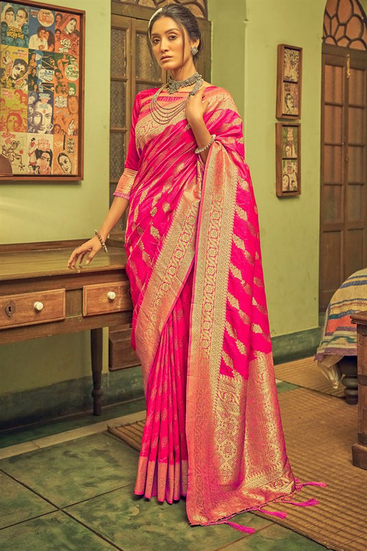 Hot Pink Festive Look Banarasi Silk Saree
