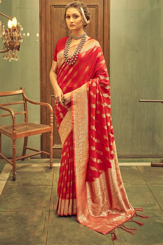 Scarlet Red Banarasi Silk Festive Look Saree