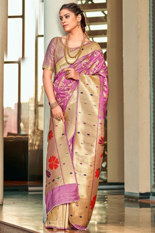 Charming Art Silk Fabric Pink Color Saree With Weaving Work