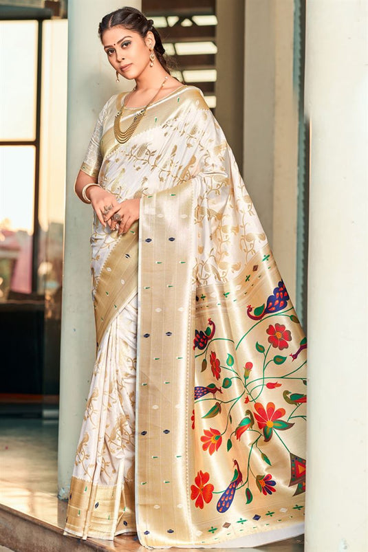 Mesmeric Off White Color Weaving Work On Saree In Art Silk Fabric