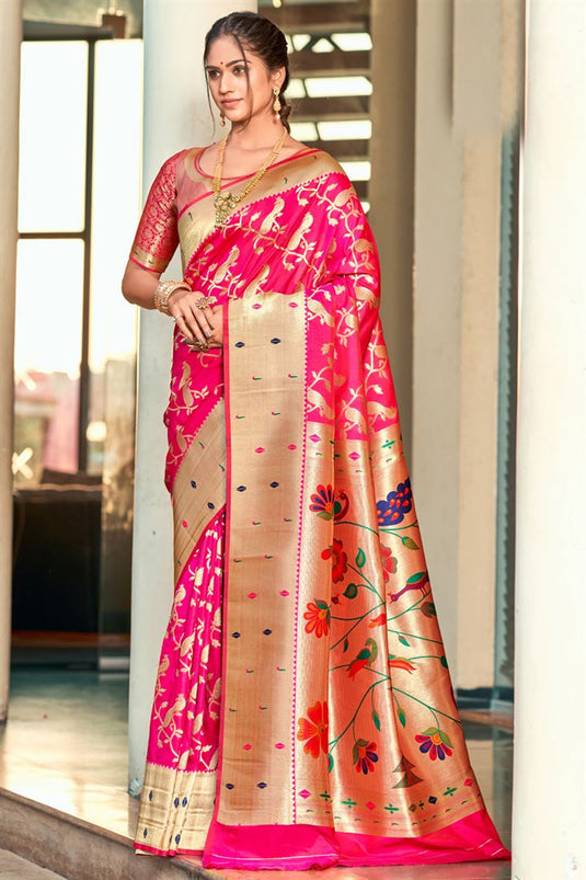 Radiant Weaving Work Pink Color Art Silk Fabric Saree