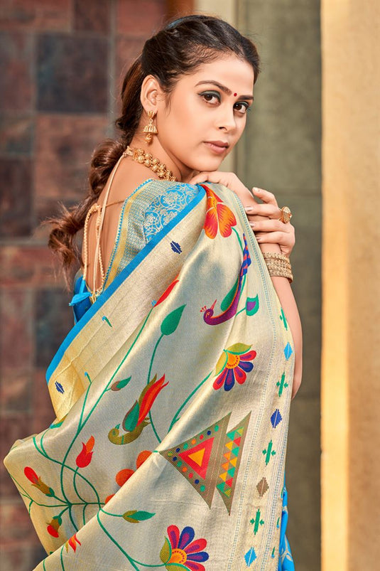Excellent Art Silk Fabric Cyan Color Saree With Weaving Work