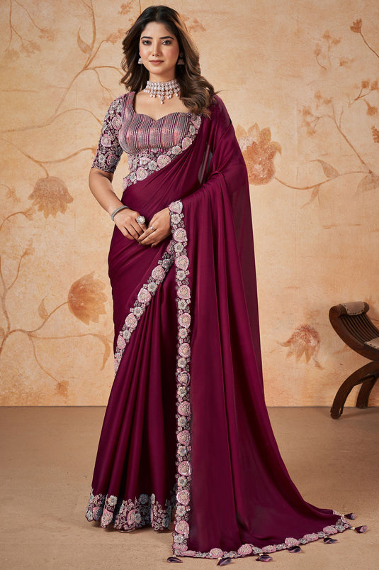 Wine Satin Silk Fabric Sequins Work Wedding Wear Saree