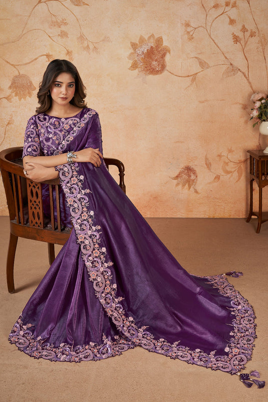Purple Color Sequins Work Wedding Wear Banarasi Silk Fabric Saree