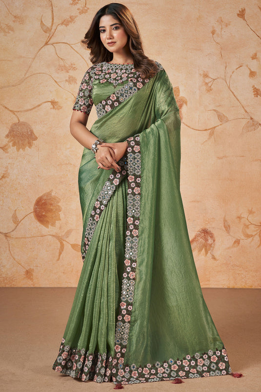 Wedding Wear Banarasi Silk Fabric Green Color Sequins Work Saree