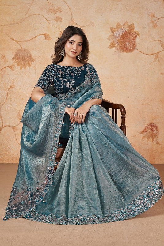 Teal Wedding Wear Banarasi Silk Fabric Fancy Sequins Work Saree