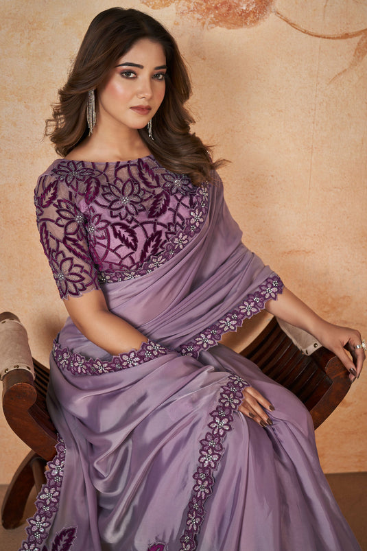 Lavender Exclusive Sequins Work Wedding Wear Crepe Silk Fabric Sarees