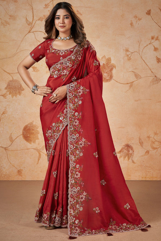 Red Color Sequins Work Wedding Wear Art Silk Fabric Saree
