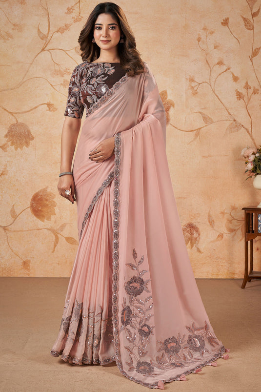 Attractive Peach Sequins Work Crepe Silk Fabric Wedding Wear Saree