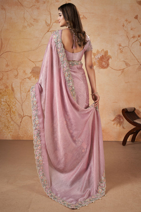 Crepe Silk Fabric Pink Fancy Sequins Work Wedding Wear Saree
