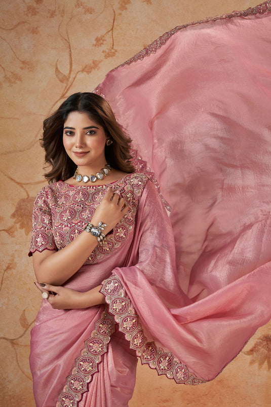 Wedding Wear Banarasi Silk Fabric Pink Sequins Work Saree