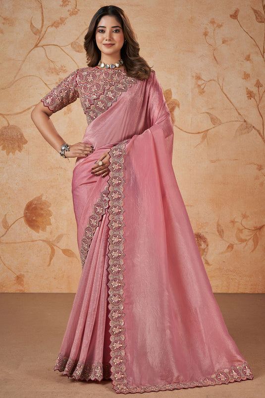 Wedding Wear Banarasi Silk Fabric Pink Sequins Work Saree