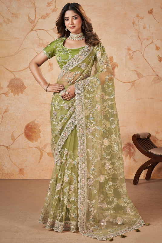 Adorable Sea Green Color Wedding Wear Net Fabric Sequins Work Design Saree