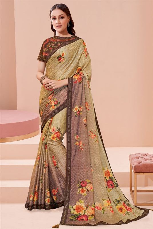 Georgette Fabric Designer Printed Festive Wear Saree In Beige Color