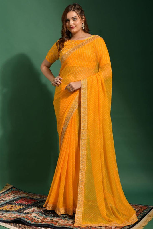 Creative Chiffon Fabric Bandhani Printed Saree In Yellow Color