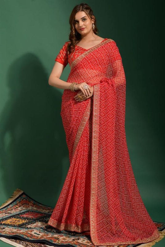 Radiant Red Color Chiffon Fabric Bandhani Printed Saree