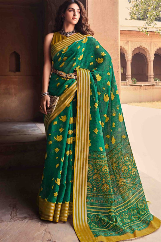 Green Designer Linen Saree With Kasab Border With Blouse