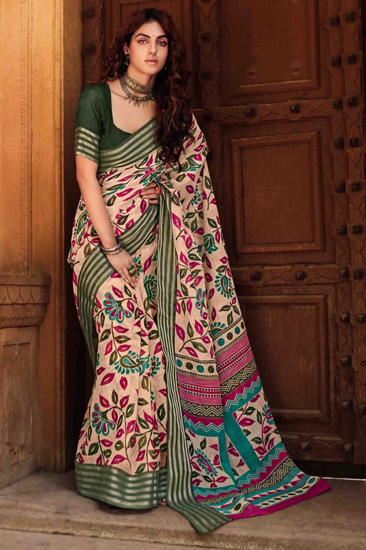 Cream Designer Linen Saree With Kasab Border With Blouse