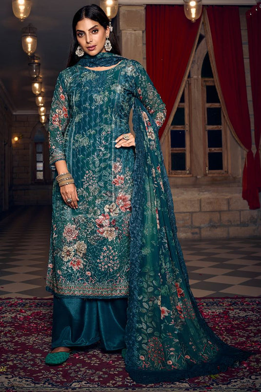 Blue Color Glittering Georgette Fabric Palazzo Suit