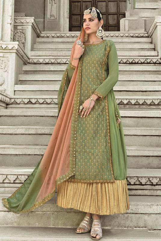 Excellent Georgette Fabric Green Color Bright Anarkali Suit With Embroidered Work
