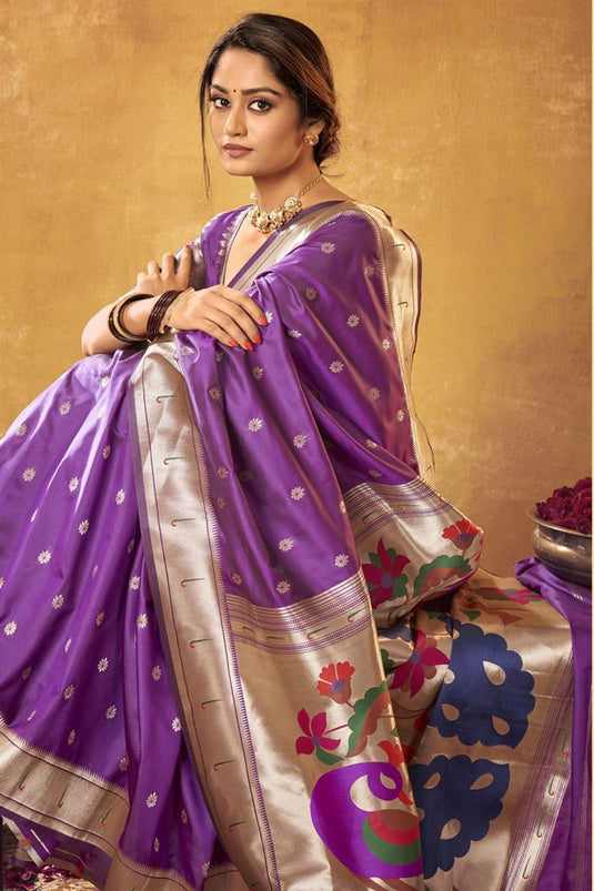 Beguiling Weaving Work On Purple Color Paithani Silk Saree
