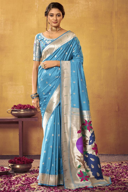 Tempting Sky Blue Color Paithani Silk Saree With Weaving Work