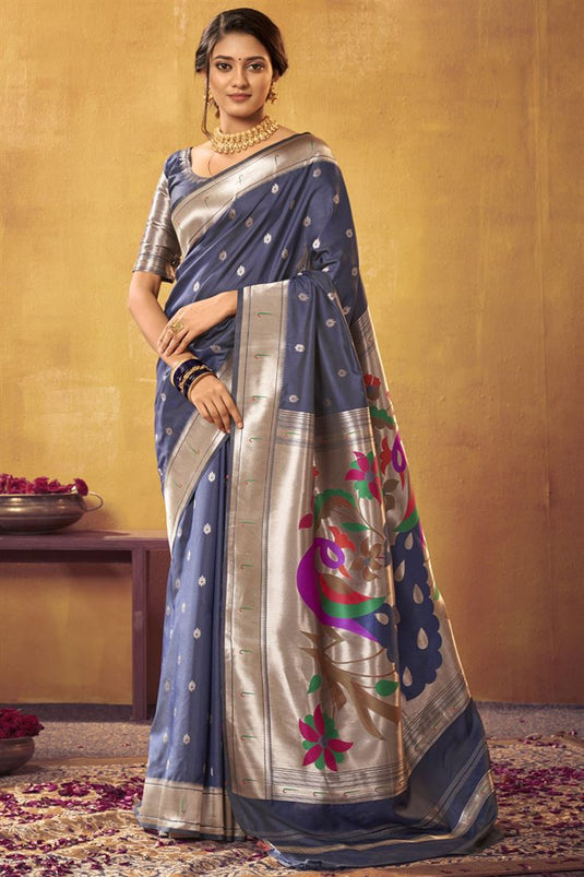 Excellent Blue Color Paithani Silk Saree With Weaving Work