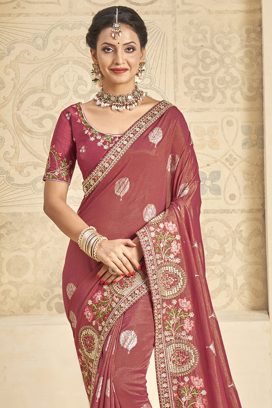 Red Color Embroidered Art Silk Fabric Function Wear Saree