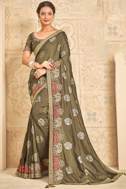 Green Function Wear Art Silk Fabric Embroidered Saree